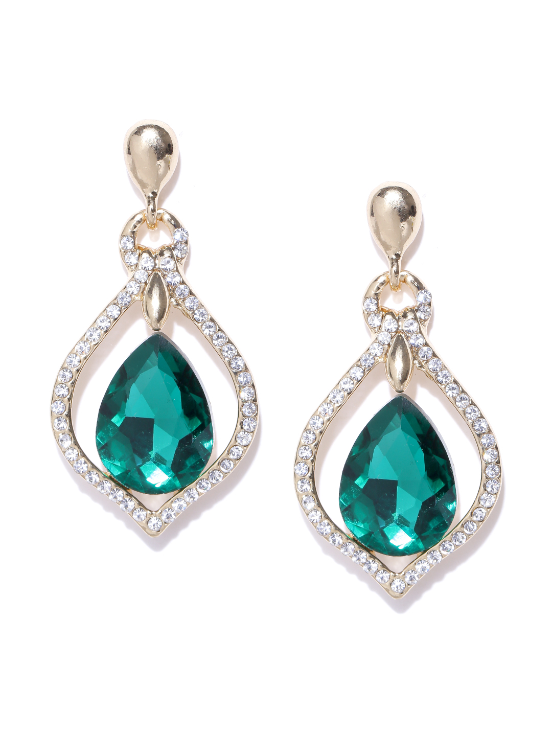 YouBella Off-White  Green Gold-Plated Teardrop Shaped Drop Earrings